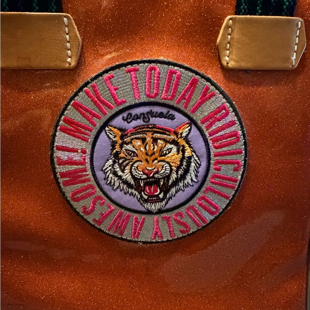 Consuela *VERY RARE* Orange Glitter Tote with Tiger Patch and Striped Handles - Picture 6 of 10